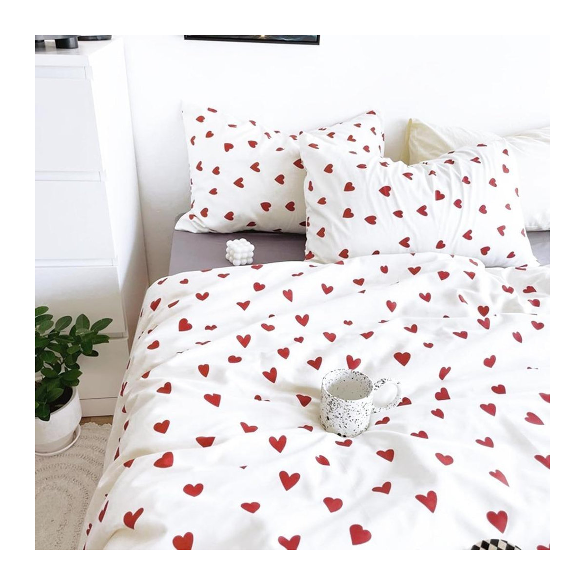 JMG Household Supplies Bettbezug-Set mit Herzmuster in Weiß und Rot, ultrafeine Faser mit Reißverschluss, B x H: 155 x 220 cm - Bild 1