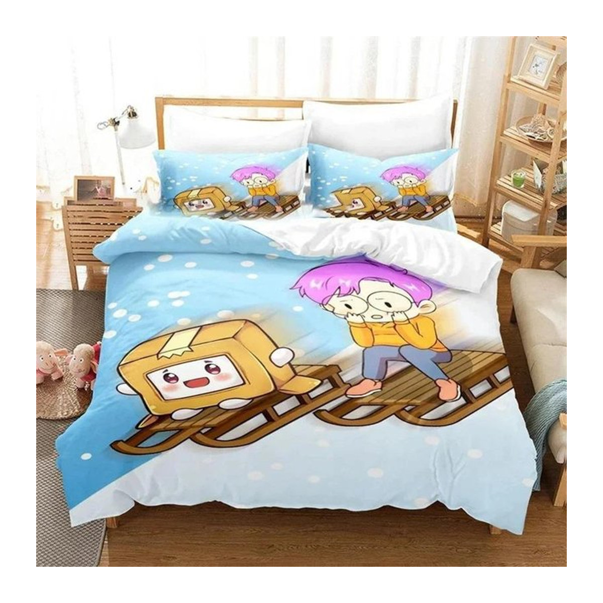 JMG Household Supplies Bettwäscheset 3D Cartoon Foxy Boxy Lanky-box in Blau, Bettbezug und Deckenbezug mit Reißverschluss, Breite: 260 cm, Höhe: 220 cm - Bild 1