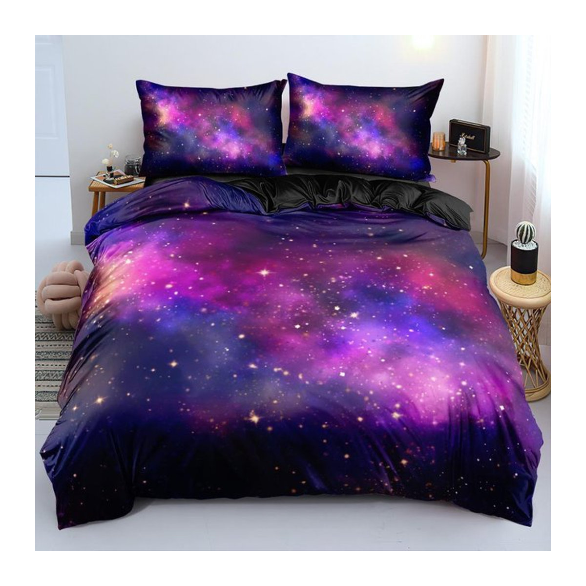 JMG Household Supplies Bettwäscheset Galaxy Sternenhimmel in Dunkelblau und Lila mit Reißverschluss, 210 x 210 cm - Bild 1