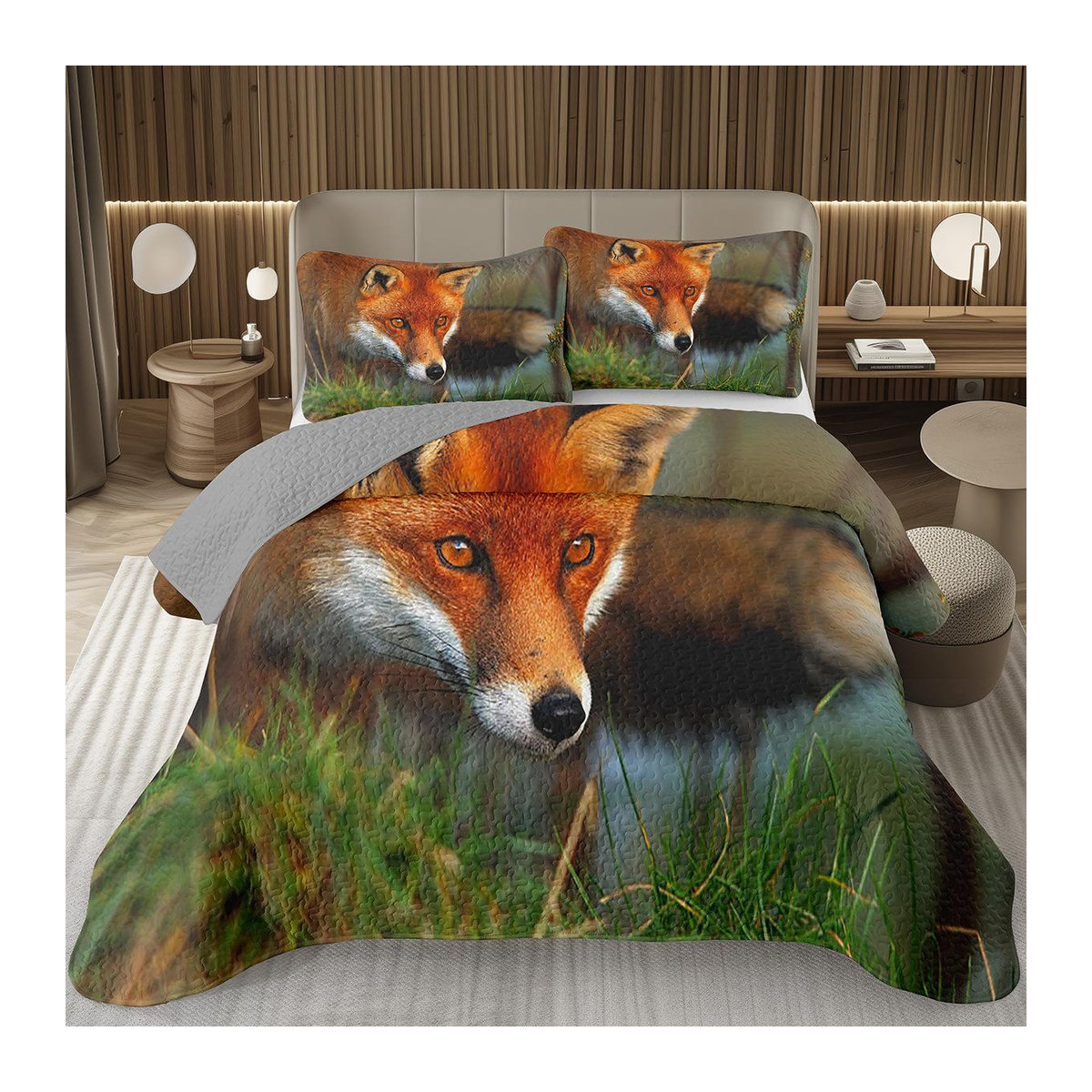 JMG Household Supplies Wendequilt-Set Kawaii Fuchs Natur Waldtier, 2/3-teilige gesteppte Tagesdecke für Mädchen und Teenager, mehrfarbig, B/H: 135 x 200 cm - Bild 1
