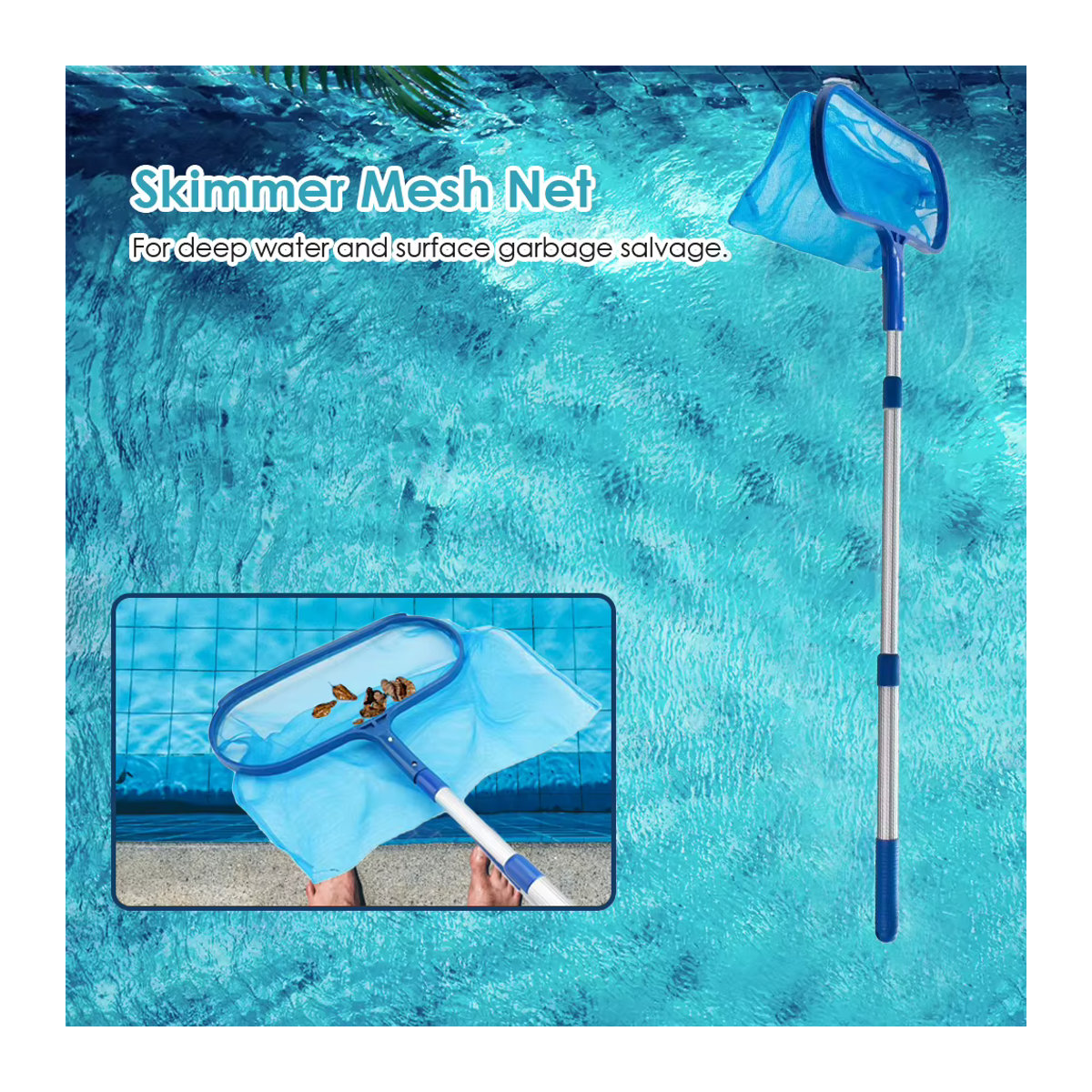 JOCESTYLE Schwimmbad-Skimmer-Netz mit tiefem Beutel in Blau zur Reinigung von Pool und Teich, kompatibel mit Teleskopstangen - Bild 3