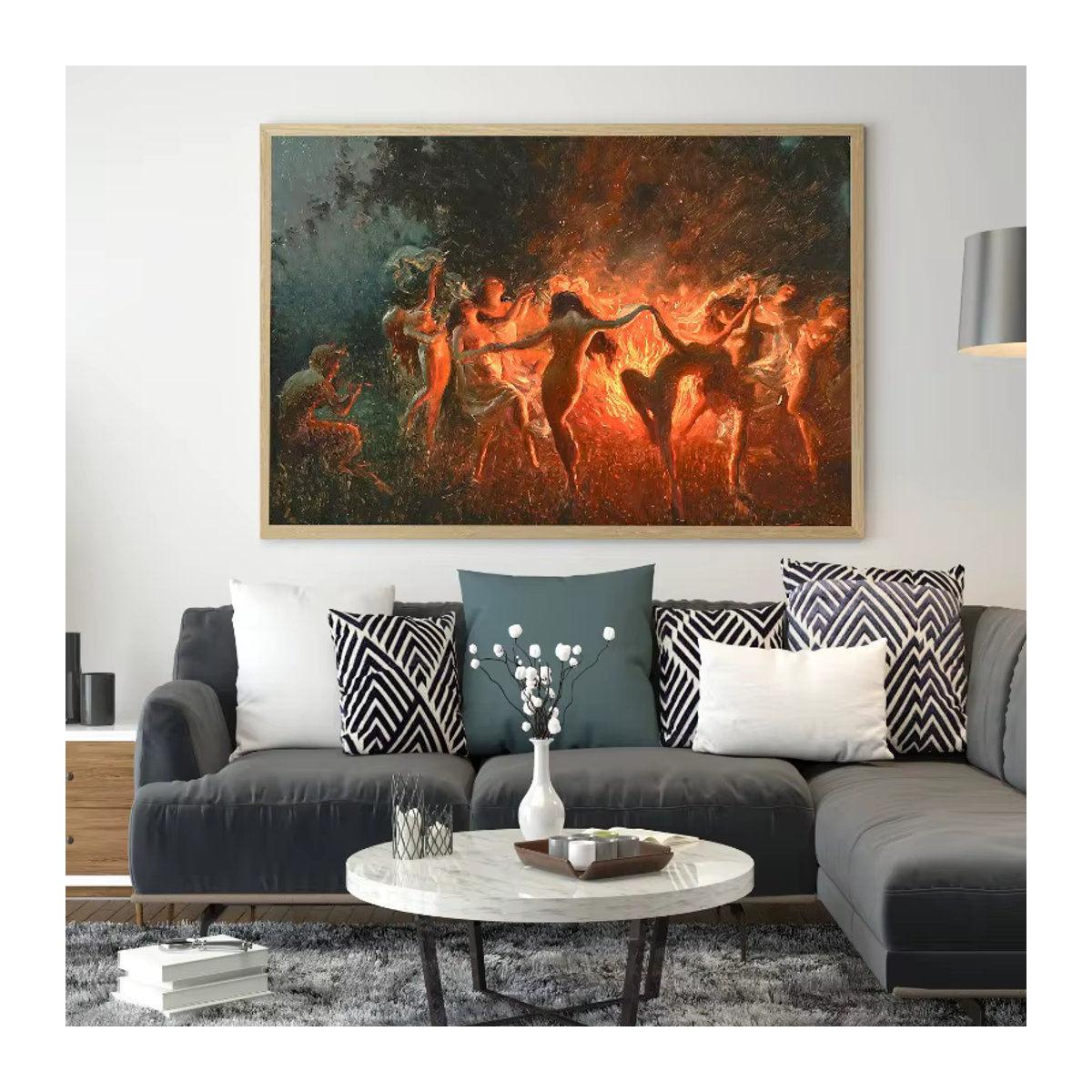 Joseph Tomanek Leinwandgemälde Hexen Nymphe Feuertanz Vintage Wandbild Mehrfarbig - Bild 3