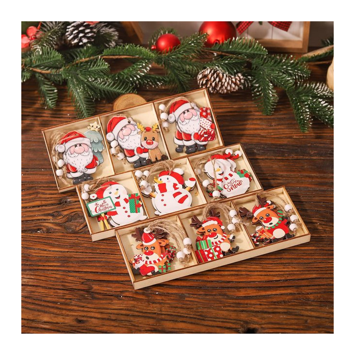 joy-enlife 9er Set Weihnachts-Hängeornamente aus Holz mit Weihnachtsmann, Schneemann und Tieren in Mehrfarbig im Landhausstil - Bild 1