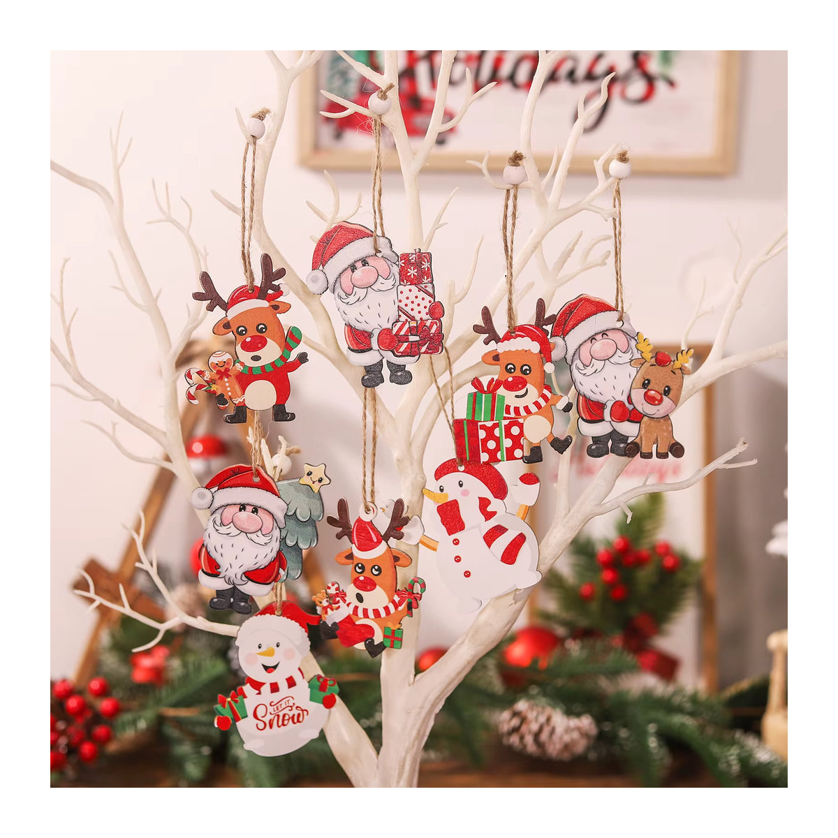 joy-enlife 9er Set Weihnachts-Hängeornamente aus Holz mit Weihnachtsmann, Schneemann und Tieren in Mehrfarbig im Landhausstil - Bild 2