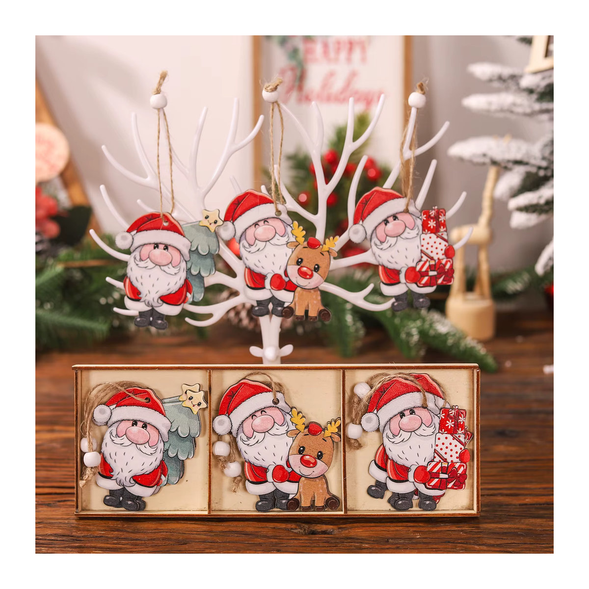 joy-enlife 9er Set Weihnachts-Hängeornamente aus Holz mit Weihnachtsmann, Schneemann und Tieren in Mehrfarbig im Landhausstil - Bild 3