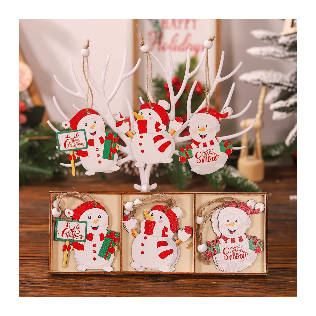 joy-enlife 9er Set Weihnachts-Hängeornamente aus Holz mit Weihnachtsmann, Schneemann und Tieren in Mehrfarbig im Landhausstil - Bild 4