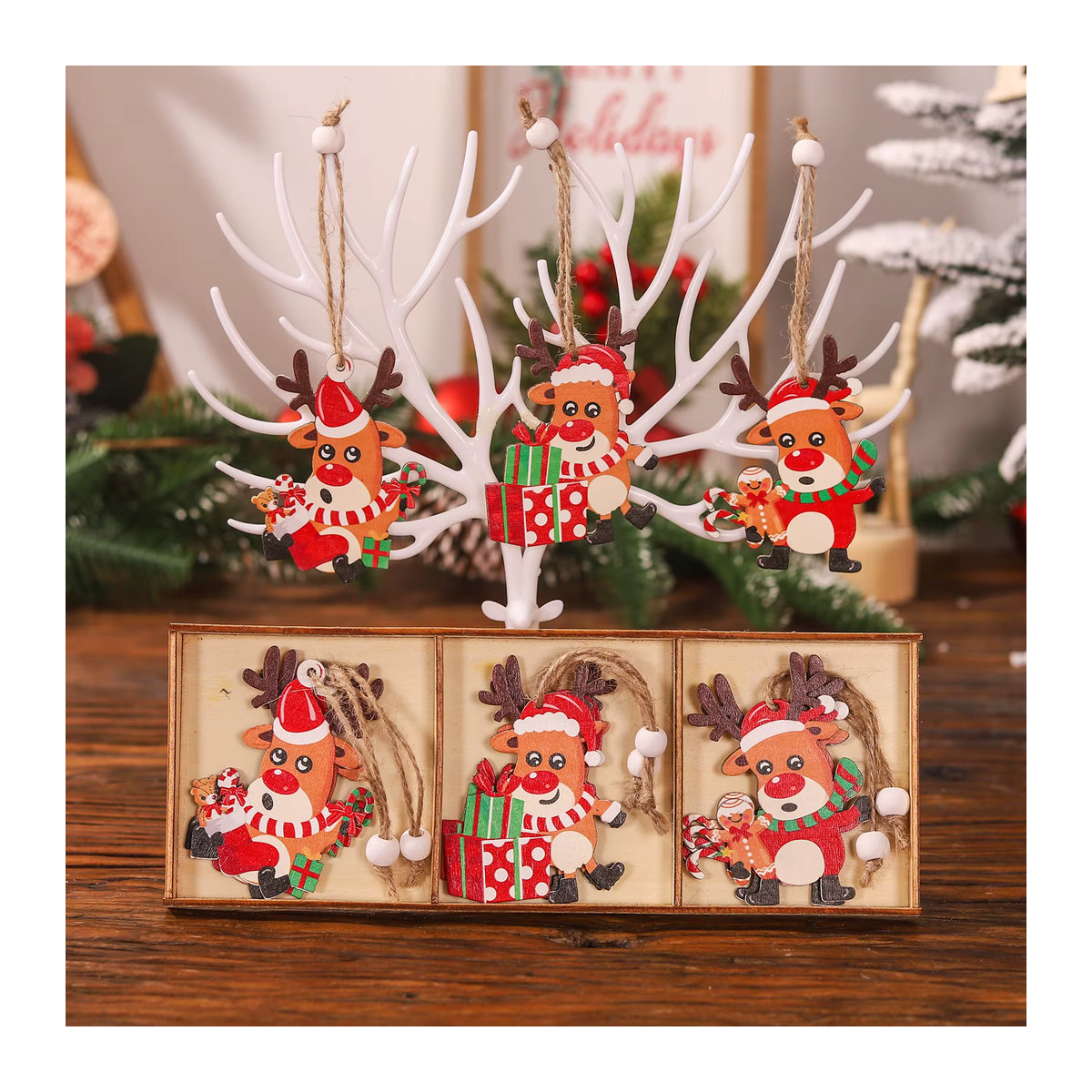 joy-enlife 9er Set Weihnachts-Hängeornamente aus Holz mit Weihnachtsmann, Schneemann und Tieren in Mehrfarbig im Landhausstil - Bild 5