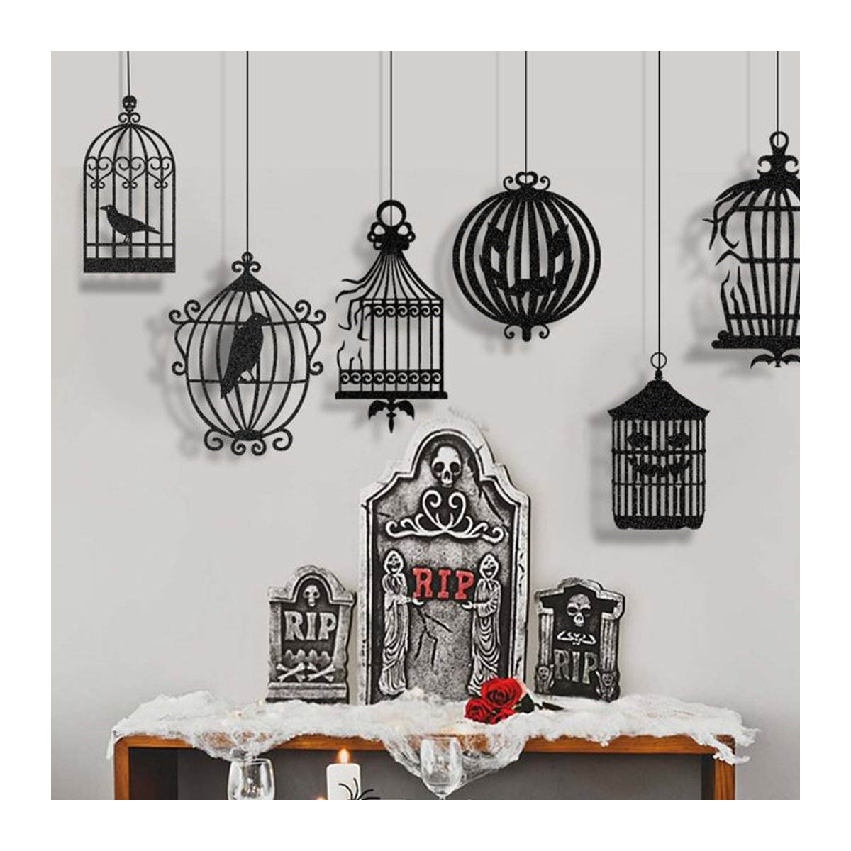 Joy-enlife Halloween Gothic Vogelkäfig Girlande aus Papier in Schwarz als hängendes Deko-Ornament - Bild 1