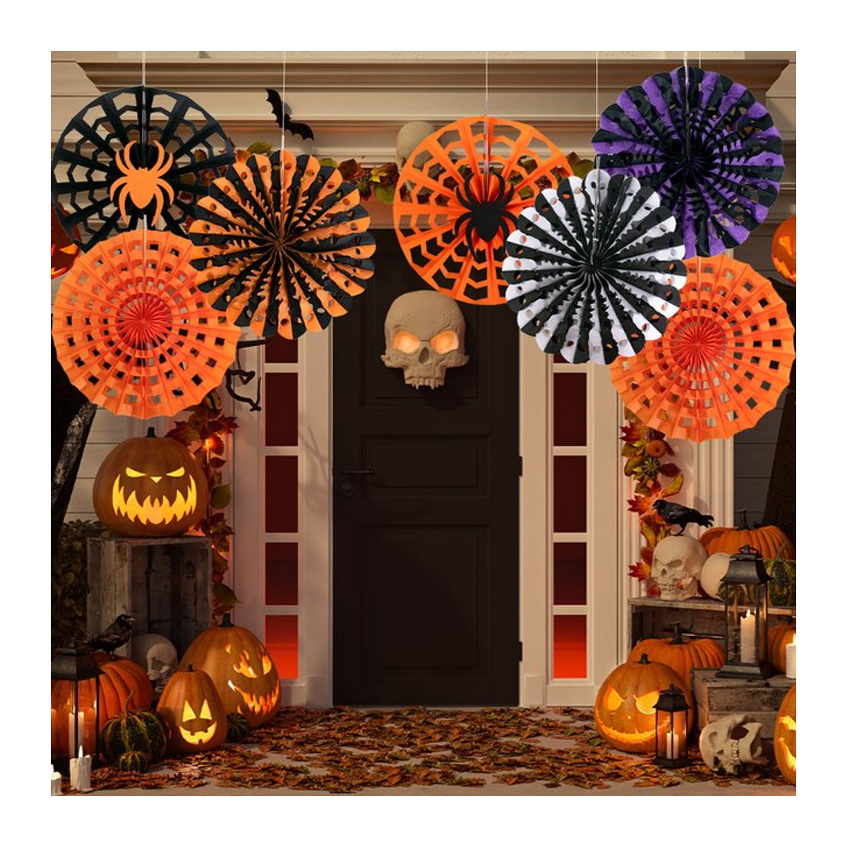 joy-enlife Halloween Party Dekoration Set aus 2 oder 4 Stück hängende Papier Fächer in Orange und Schwarz mit Spinnennetz und Spukhaus Motiven - Bild 1