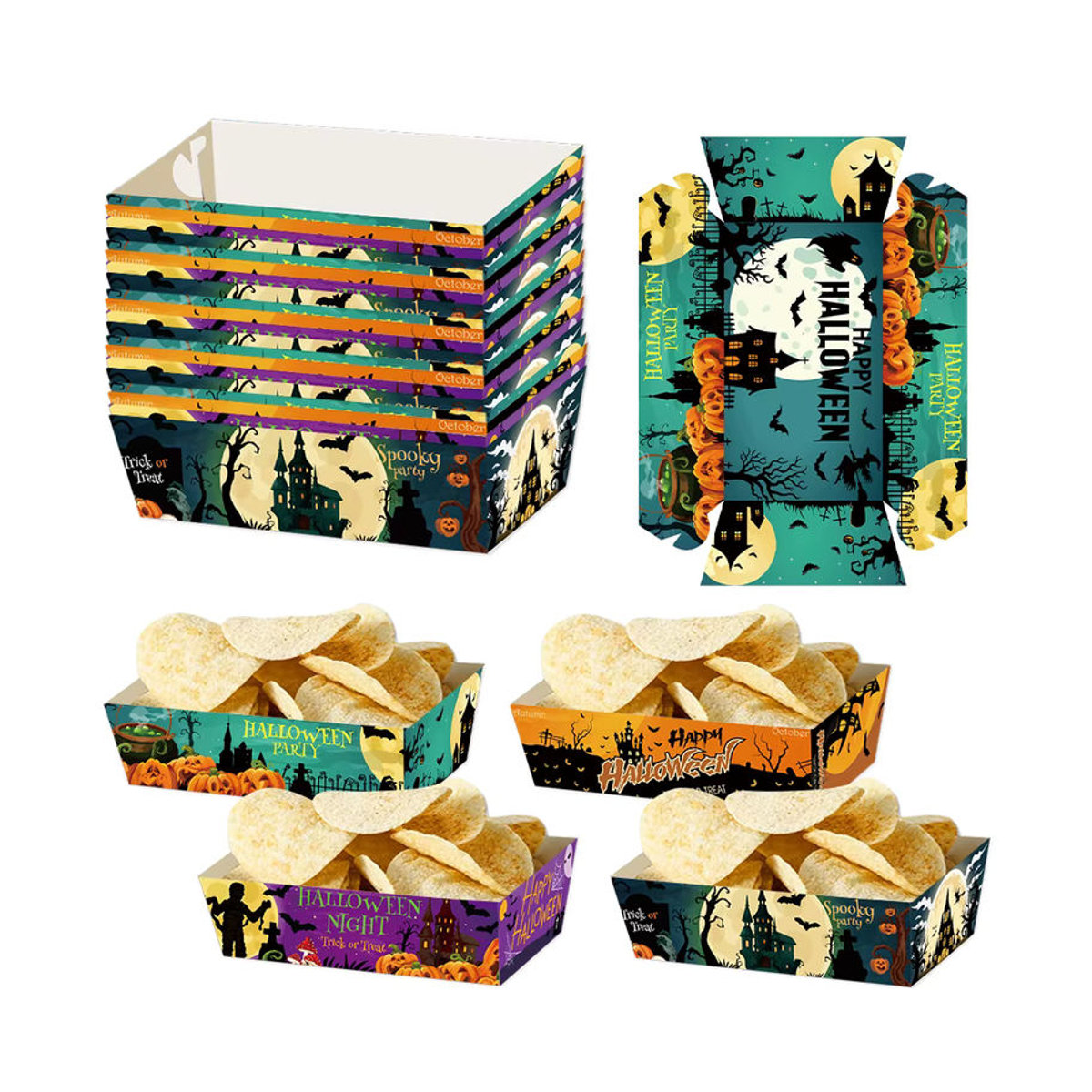 joy-enlife Halloween Party Mini Snack Trays aus Papier mit Kürbis Geister und Fledermaus Motiv, Mehrfarbig - Bild 2