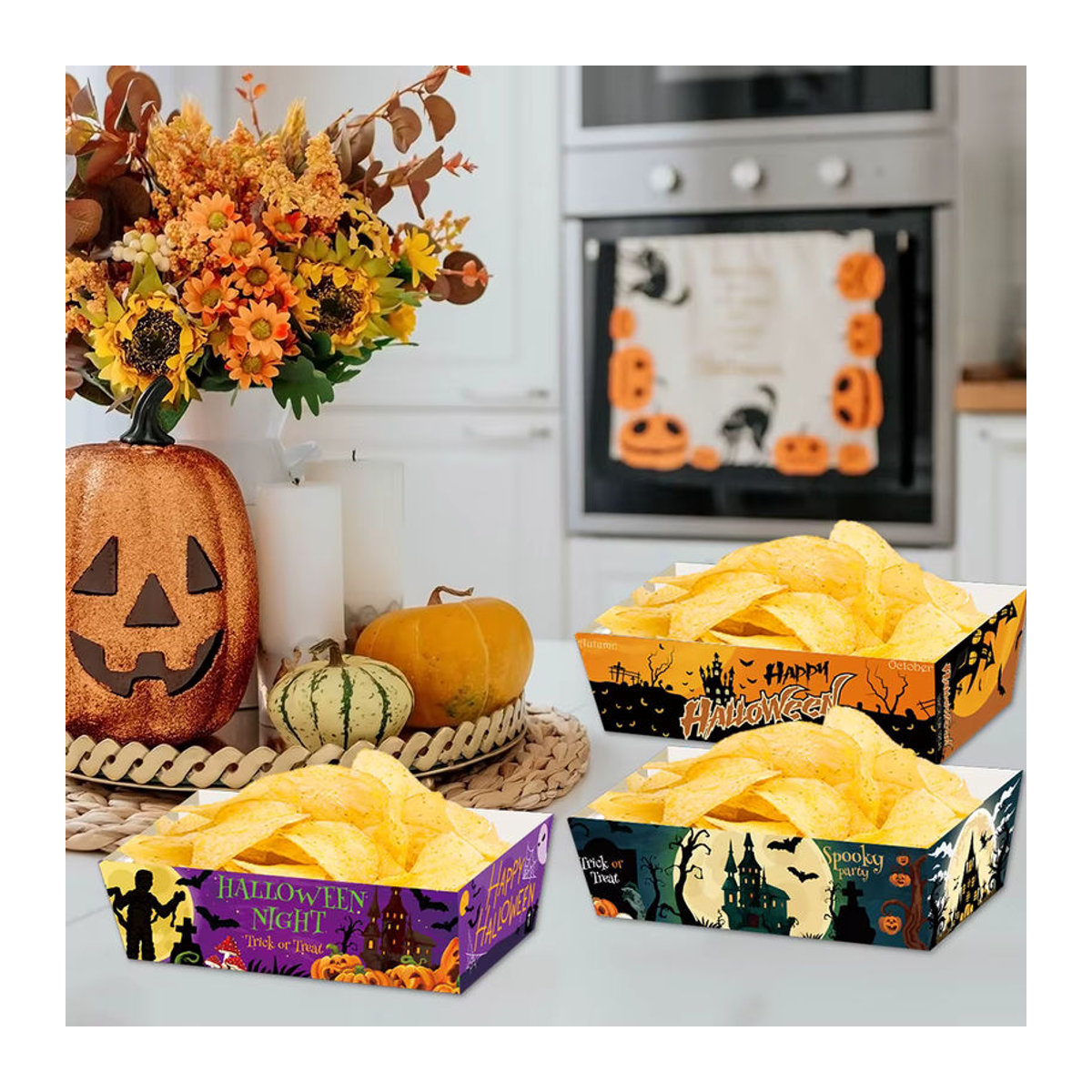 joy-enlife Halloween Party Mini Snack Trays aus Papier mit Kürbis Geister und Fledermaus Motiv, Mehrfarbig - Bild 3