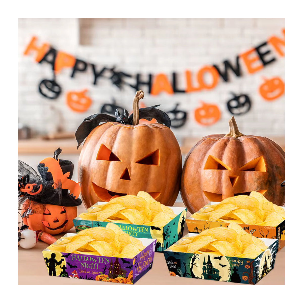 joy-enlife Halloween Party Mini Snack Trays aus Papier mit Kürbis Geister und Fledermaus Motiv, Mehrfarbig - Bild 4