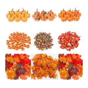 Joy-enlife Herbstdeko Set mit künstlichen Ahornblättern, Mini-Kürbissen, Tannenzapfen und Eicheln in Mehrfarbig für Halloween und Erntedankfest