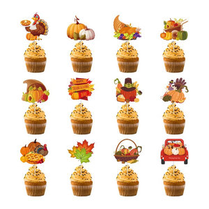 Joy-enlife Thanksgiving Cupcake Topper Set aus Papier mit Kürbis, Ahorn und Truthahn in Mehrfarbig für deine Herbst-Dekoration (12 Stück)