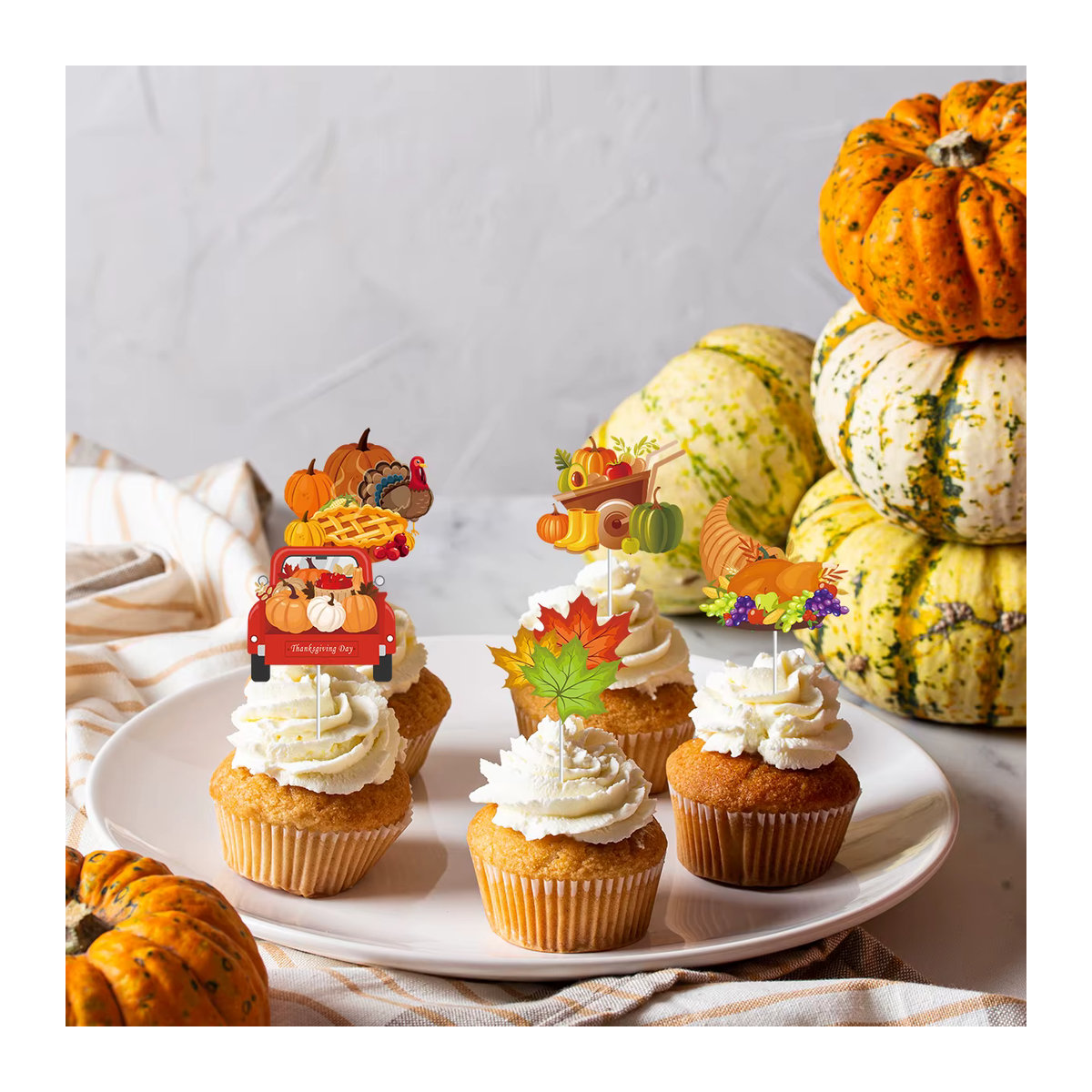 Joy-enlife Thanksgiving Cupcake Topper Set aus Papier mit Kürbis, Ahorn und Truthahn in Mehrfarbig für deine Herbst-Dekoration (12 Stück) - Bild 2