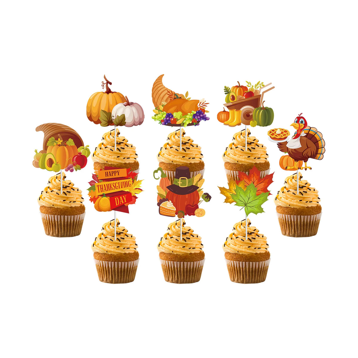 Joy-enlife Thanksgiving Cupcake Topper Set aus Papier mit Kürbis, Ahorn und Truthahn in Mehrfarbig für deine Herbst-Dekoration (12 Stück) - Bild 4