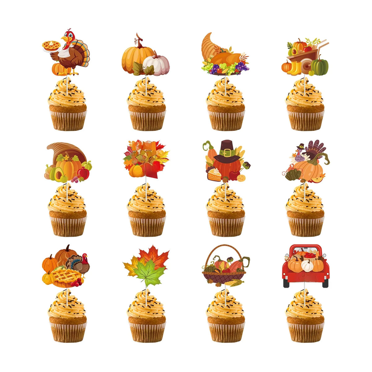 Joy-enlife Thanksgiving Cupcake Topper Set aus Papier mit Kürbis, Ahorn und Truthahn in Mehrfarbig für deine Herbst-Dekoration (12 Stück) - Bild 6
