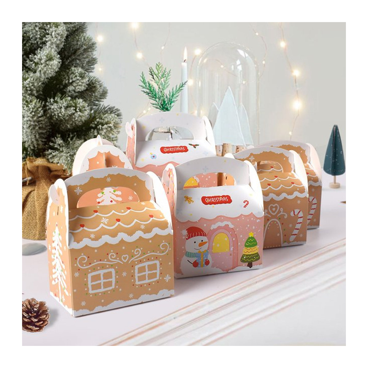 joy-enlife Weihnachtliche Geschenkboxen aus Papier mit Schneemann und Lebkuchenhaus Motiv, mehrfarbig und braun, 6 oder 12 Stück - Bild 1