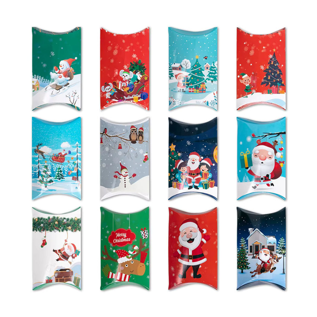joy-enlife Weihnachtliche Geschenkboxen in Kissenform aus Papier, mehrfarbig, 12 Stück - Bild 2