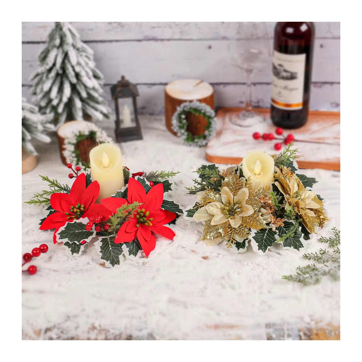 Joy-enlife Weihnachts-Kerzenhalter Ring in Rotgold mit künstlichen Blumen und Sternen zur Tischdekoration - Bild 1