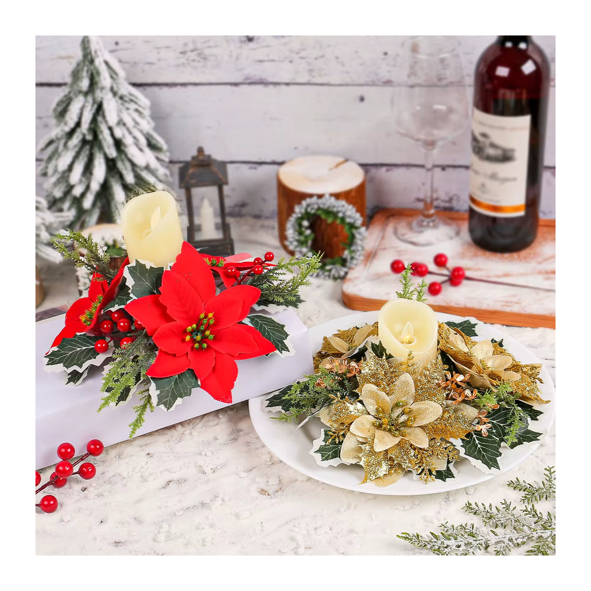 Joy-enlife Weihnachts-Kerzenhalter Ring in Rotgold mit künstlichen Blumen und Sternen zur Tischdekoration - Bild 2