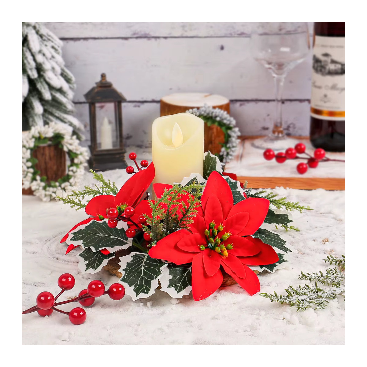 Joy-enlife Weihnachts-Kerzenhalter Ring in Rotgold mit künstlichen Blumen und Sternen zur Tischdekoration - Bild 3