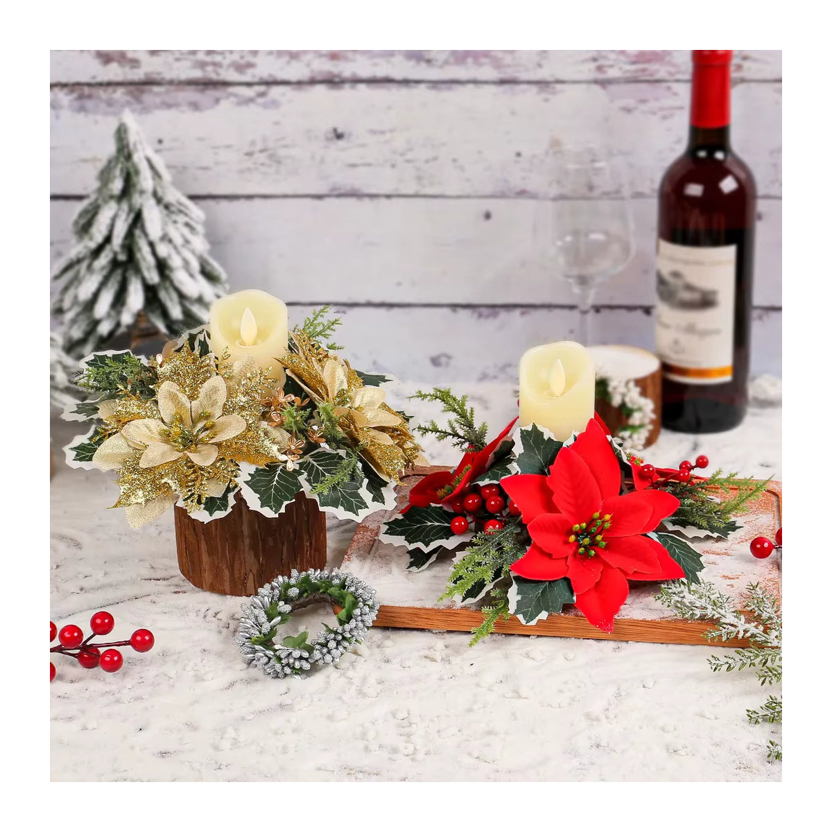 Joy-enlife Weihnachts-Kerzenhalter Ring in Rotgold mit künstlichen Blumen und Sternen zur Tischdekoration - Bild 5