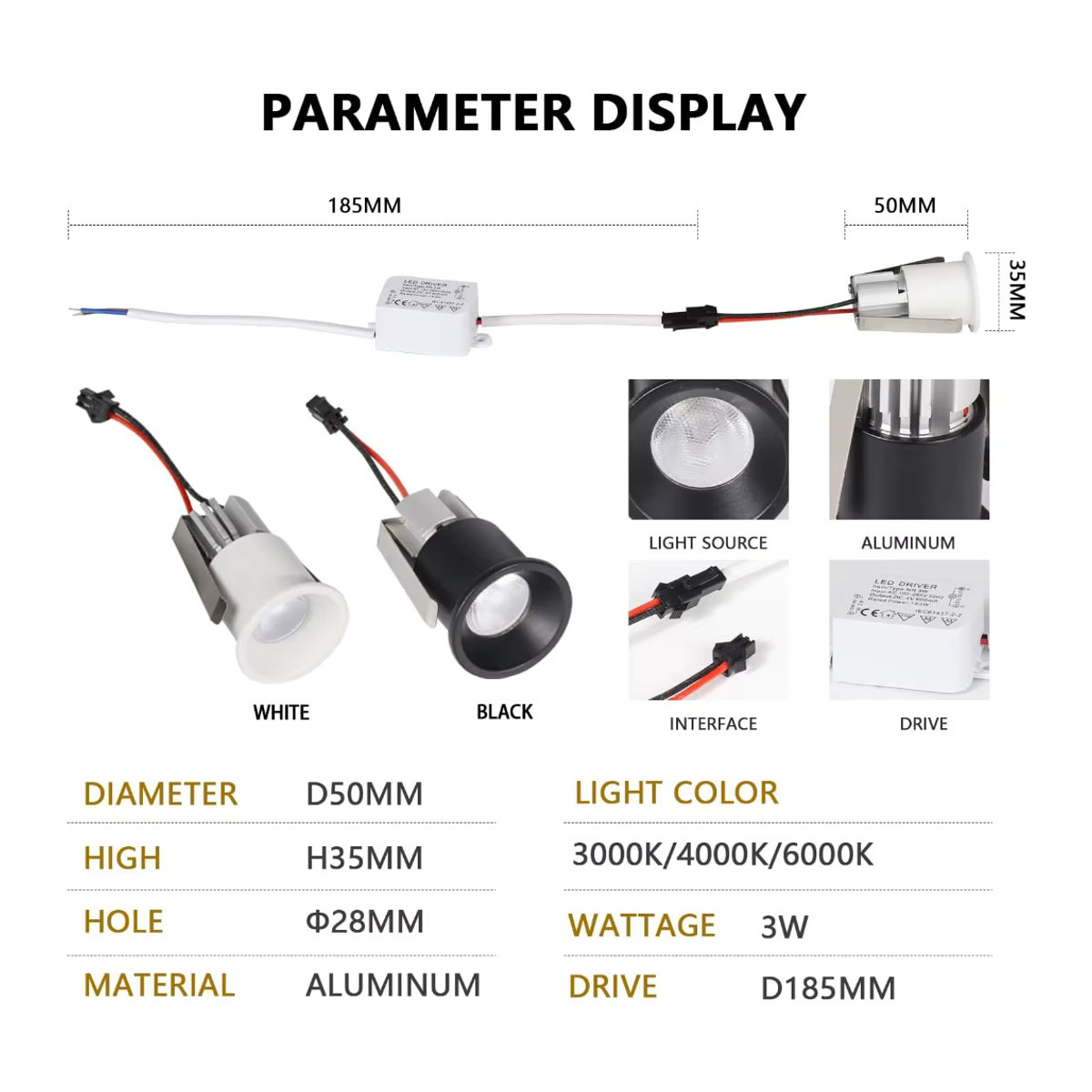 JOYINLED 10er Set Mini LED-Einbaustrahler aus Aluminium in Weiß, 3W, Warmweiß, ideal für Vitrinenbeleuchtung und Schmuck-Displays - Bild 3