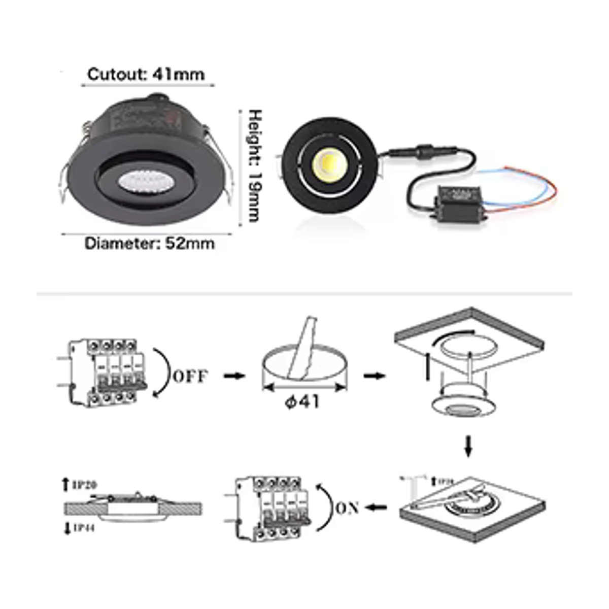 JOYINLED 10er Set Mini LED Einbaustrahler IP65 Wasserdicht Dimmbar Silber Durchmesser: 52 mm - Bild 2