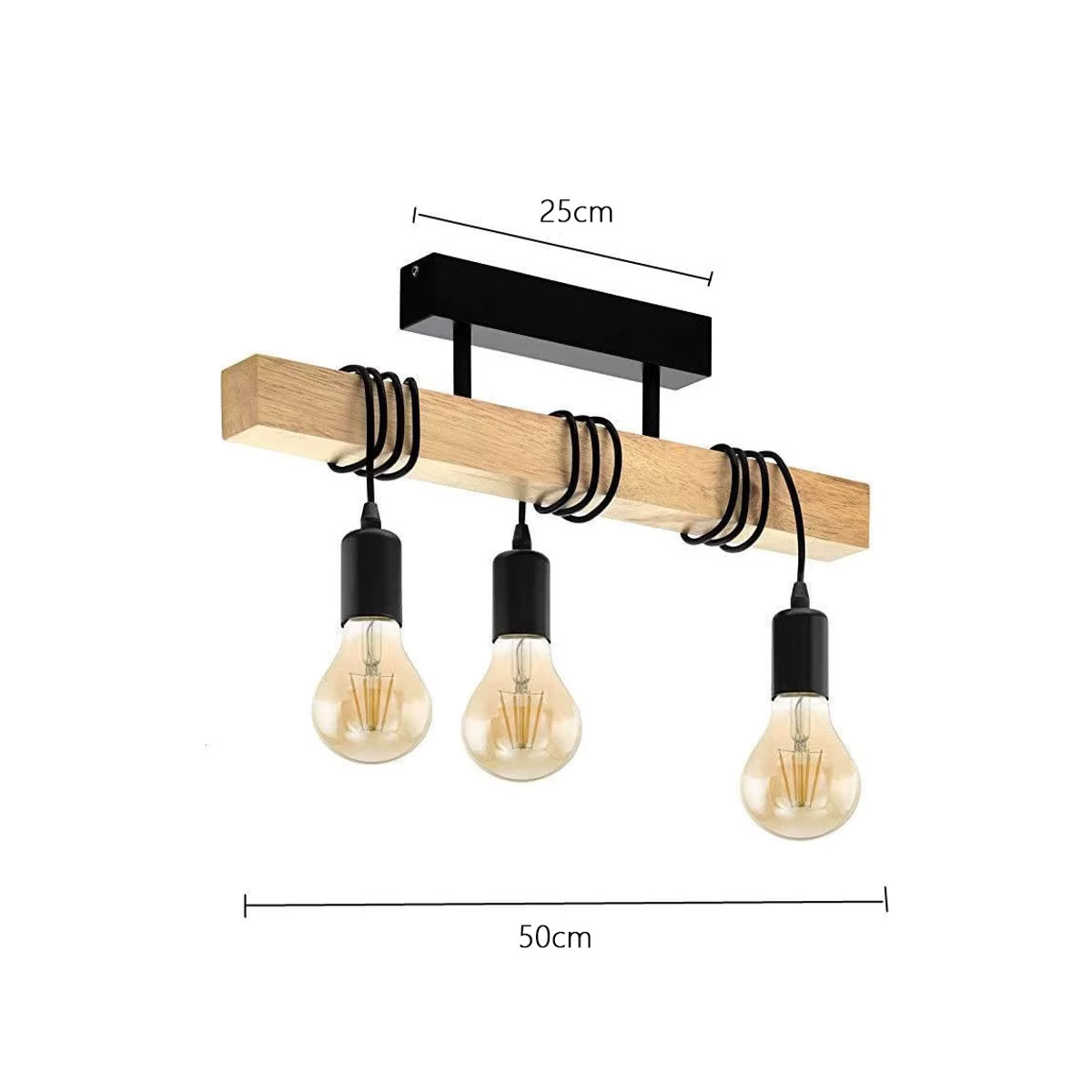 JOYINLED 3-flammige Vintage-Pendelleuchte im Industrial Design aus schwarzem Stahl und Holz mit E27-Fassung in Schwarz und Braun - Bild 4