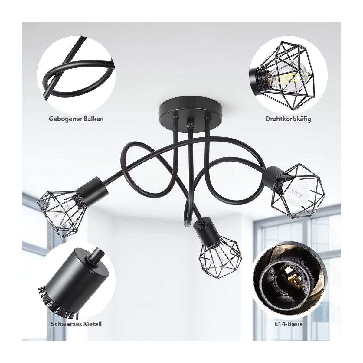 JOYINLED 3-flammiger LED-Deckenspot aus Metall im Retro-Industrial-Stil, Schwarz, E14-Fassung - Bild 4