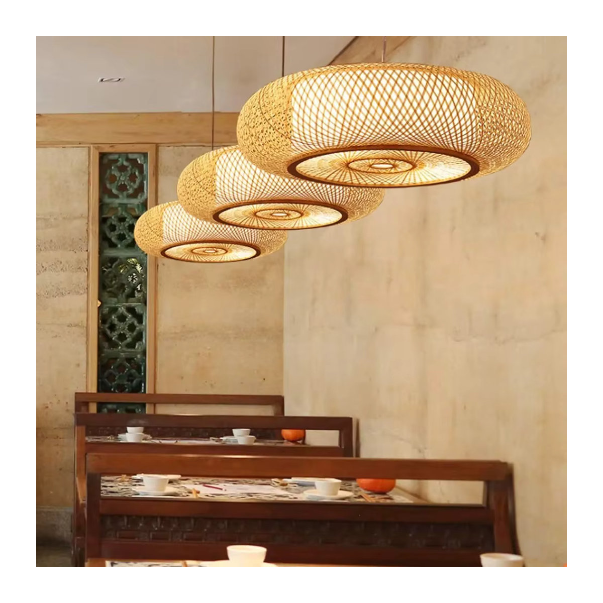 JOYINLED Bambus-Pendelleuchte im japanischen Retro-Stil, Farbe: Natur, Fassung: E27, Durchmesser: 50 cm - Bild 3