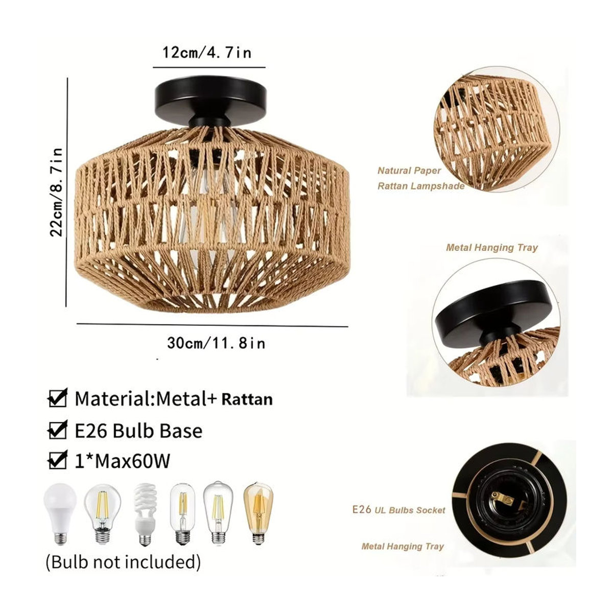 JOYINLED Boho Deckenlampe aus Hanfseil in Braun mit Retro-Design für Schlafzimmer, Flur und Küche - Bild 3
