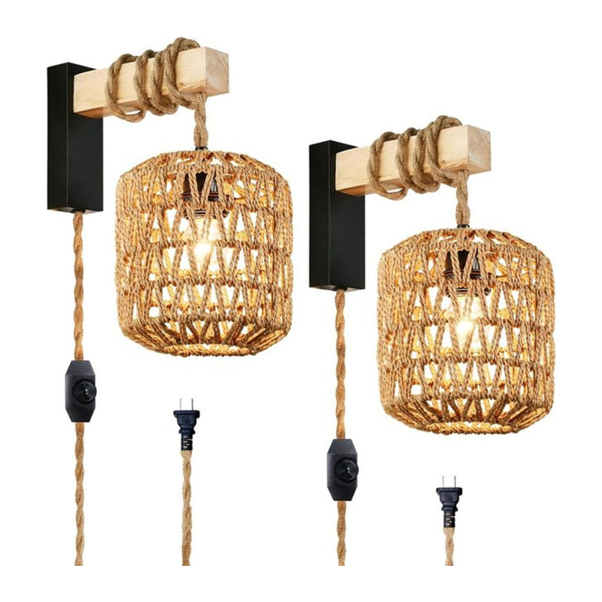 JOYINLED Boho Rattan Wandleuchte mit Hanfseil und Plug-in-Kabel in Braun - Bild 1