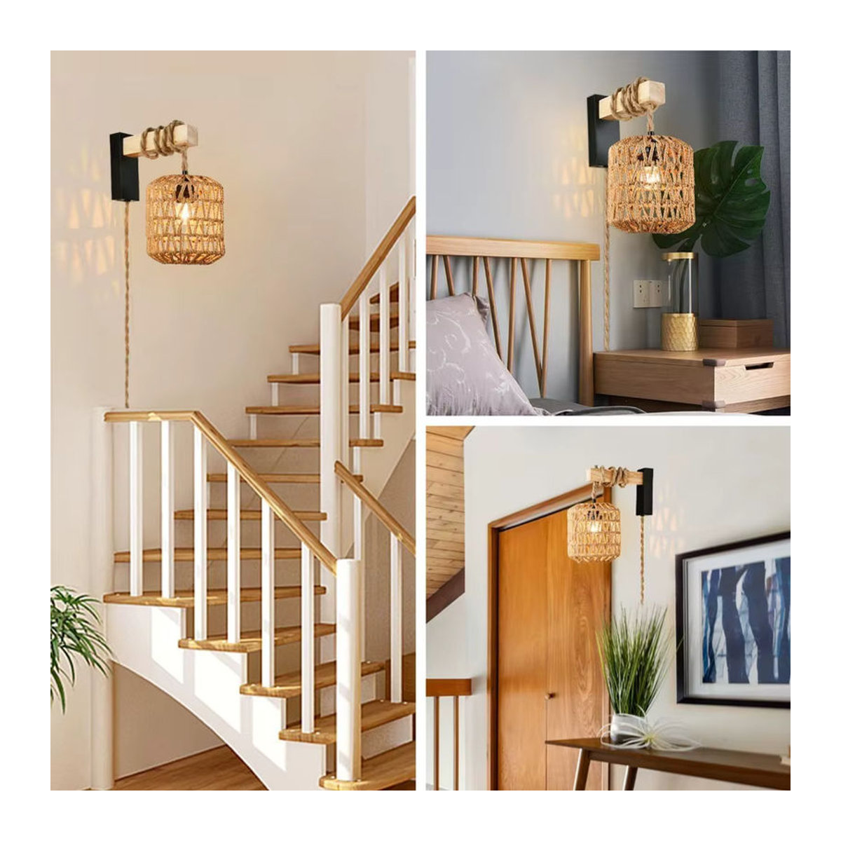JOYINLED Boho Rattan Wandleuchte mit Hanfseil und Plug-in-Kabel in Braun - Bild 2