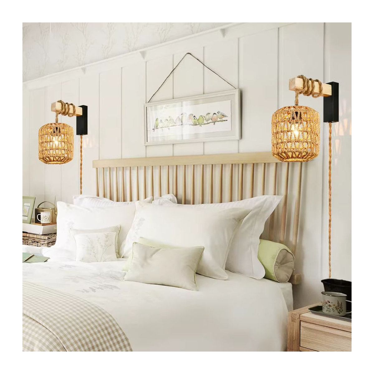 JOYINLED Boho Rattan Wandleuchte mit Hanfseil und Plug-in-Kabel in Braun - Bild 3