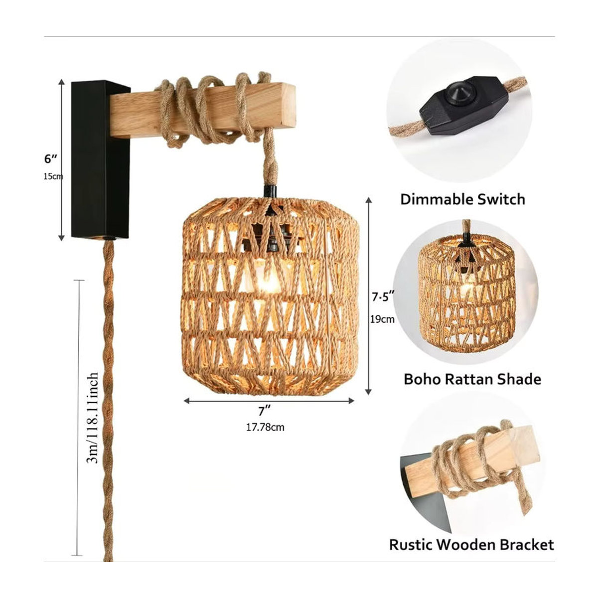 JOYINLED Boho Rattan Wandleuchte mit Hanfseil und Plug-in-Kabel in Braun - Bild 4