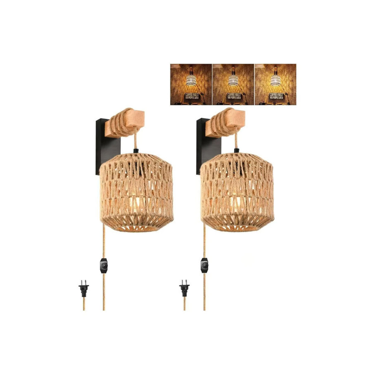 JOYINLED Boho Rattan Wandleuchte mit Hanfseil und Plug-in-Kabel in Braun - Bild 7