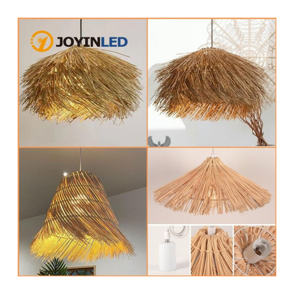 JOYINLED Handgewebter Rattan-Kronleuchter in Braun, Retro Landhaus und Bohemian Pendelleuchte mit E27 Fassung, Durchmesser: 50 cm - Bild 1