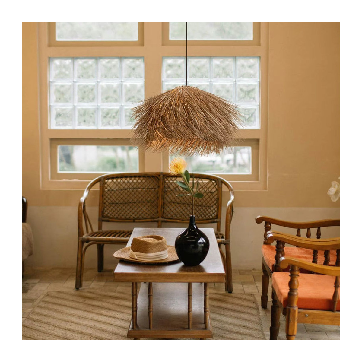 JOYINLED Handgewebter Rattan-Kronleuchter in Braun, Retro Landhaus und Bohemian Pendelleuchte mit E27 Fassung, Durchmesser: 50 cm - Bild 3