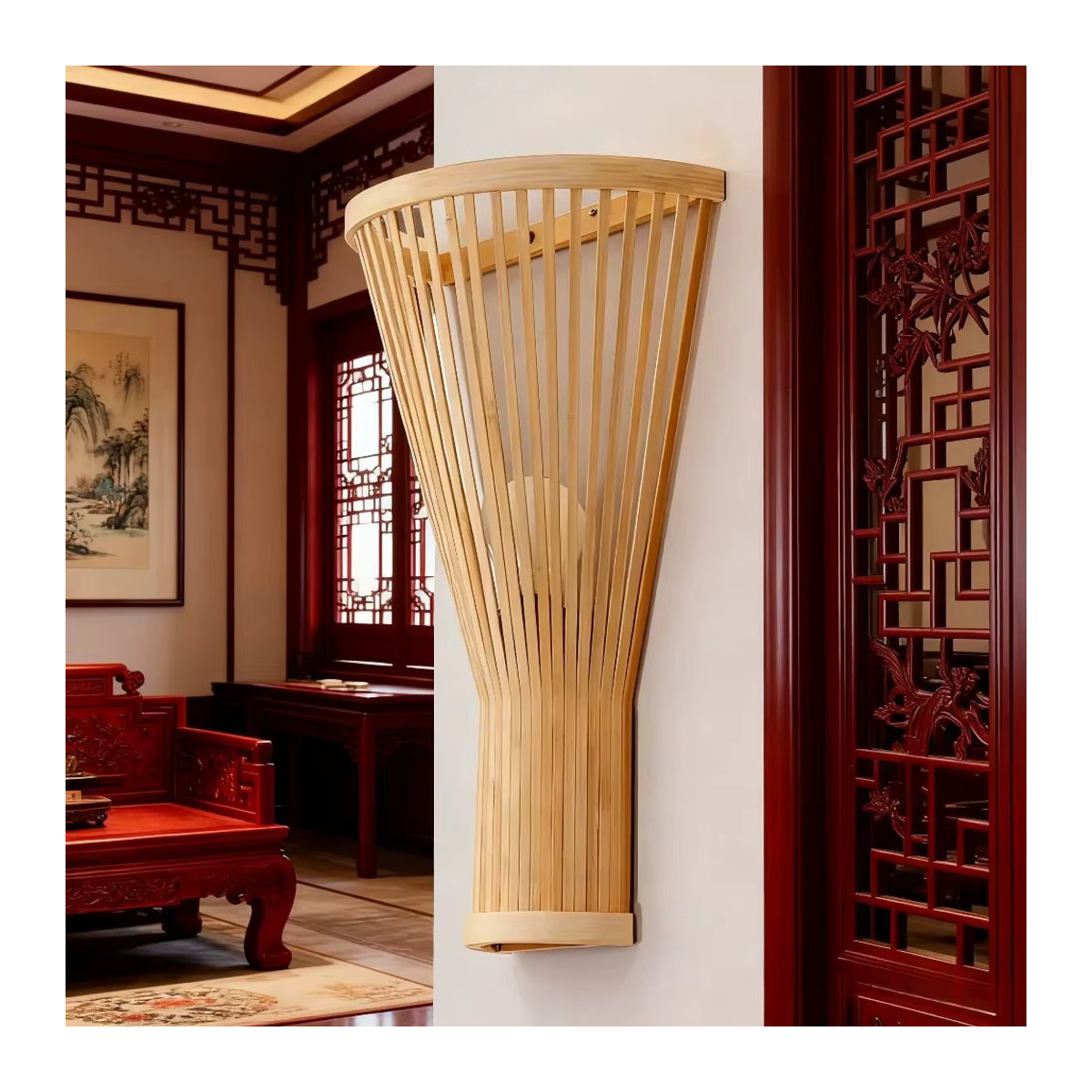 JOYINLED Moderne Japanische Wandleuchte aus handgewebtem Bambus in Natur, B: 25 cm, H: 40 cm - Bild 2