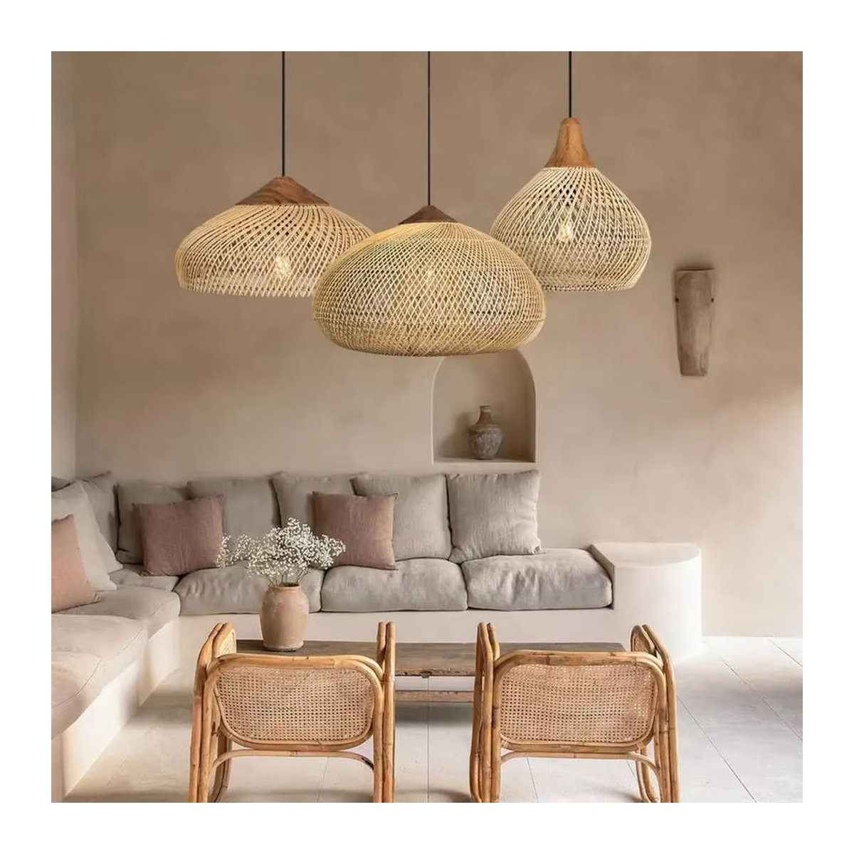JOYINLED Pendelleuchte aus Rattan im Retro-Bohemian-Stil, braun, E27 - Bild 4