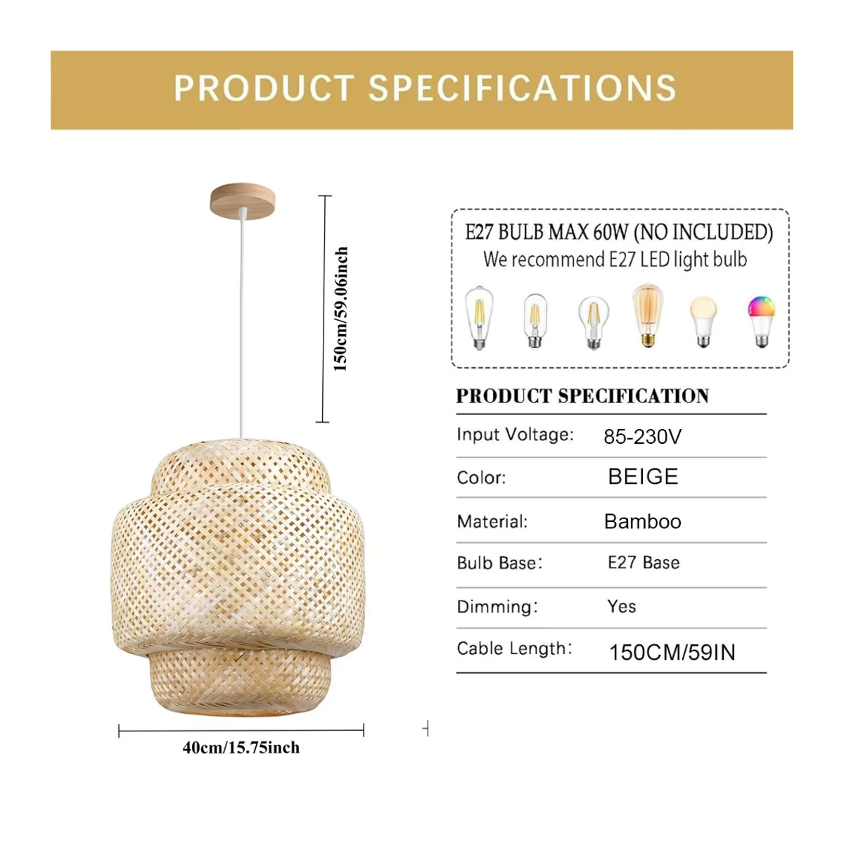 JOYINLED Rattan-Pendelleuchte aus Bambus im Landhaus-Stil für E27 E26 Natur - Bild 3