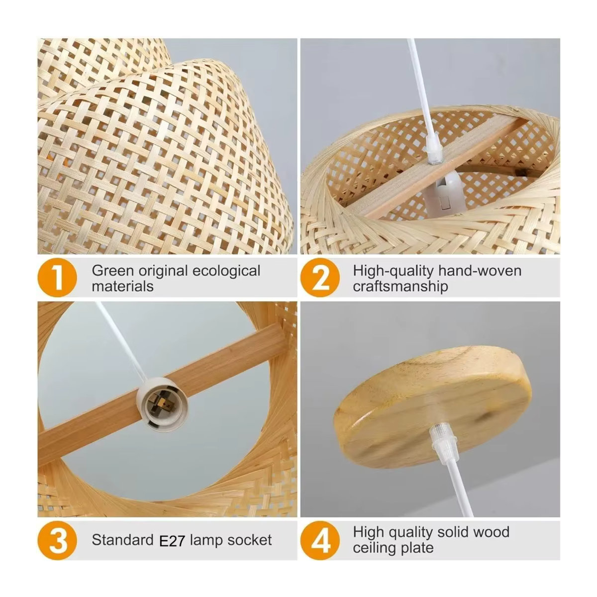 JOYINLED Rattan-Pendelleuchte aus Bambus im Landhaus-Stil für E27 E26 Natur - Bild 4