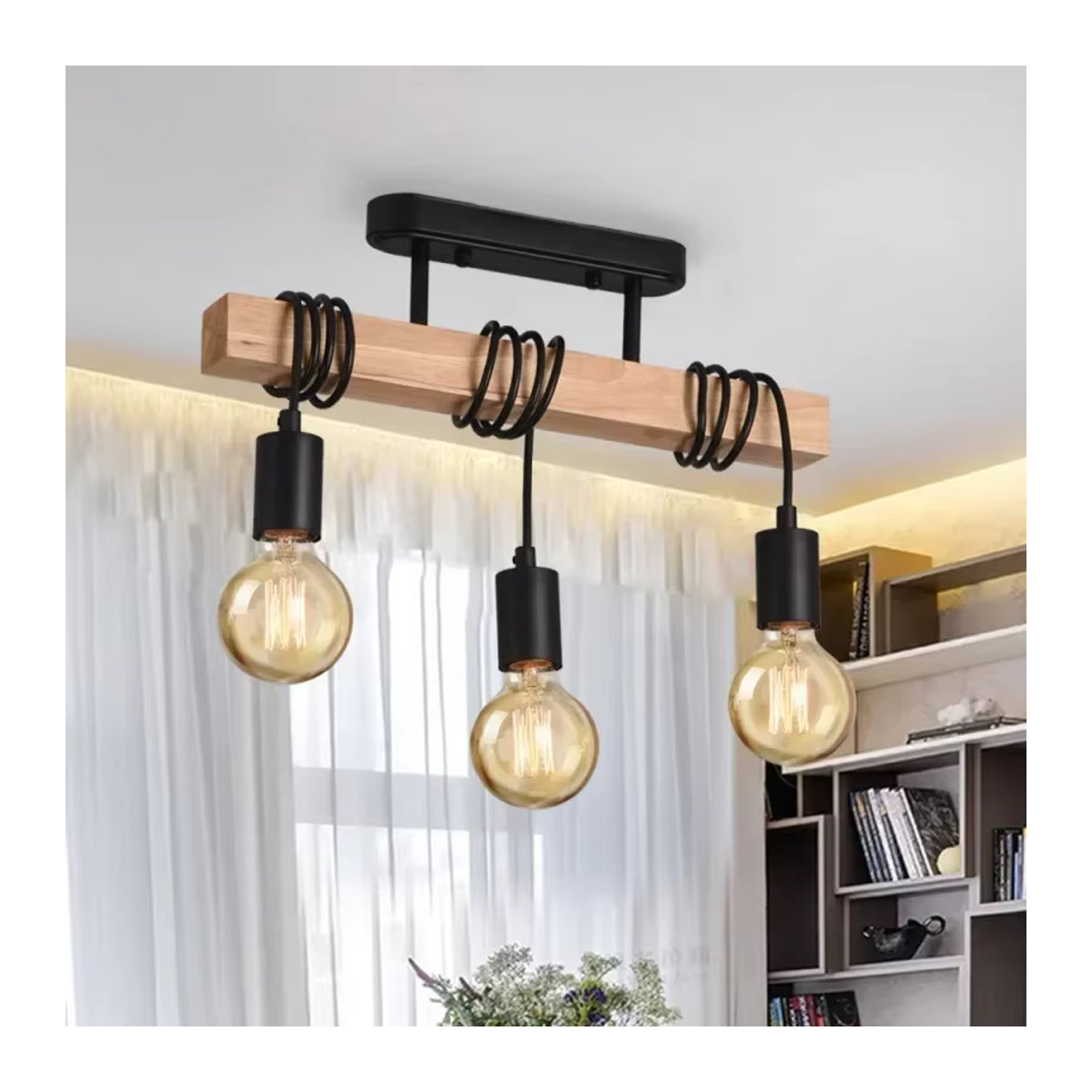 JOYINLED Retro Kronleuchter in Schwarz mit Holz-Elementen im Industrial Design als Deckenleuchte für Wohnzimmer, Esszimmer oder Schlafzimmer - Bild 2