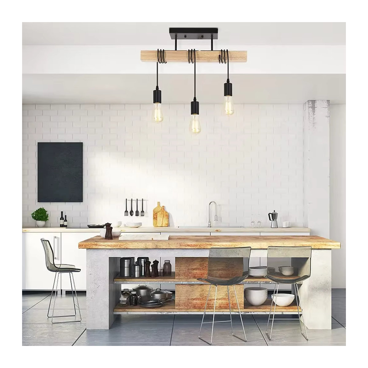 JOYINLED Retro Kronleuchter in Schwarz mit Holz-Elementen im Industrial Design als Deckenleuchte für Wohnzimmer, Esszimmer oder Schlafzimmer - Bild 5