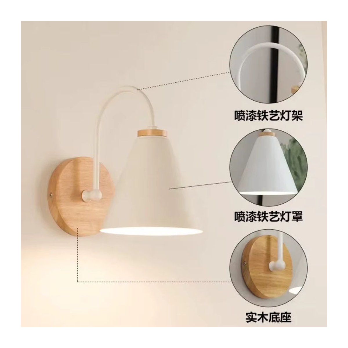 JOYINLED Skandinavische Wandlampe aus Holz in Weiß und Schwarz für Schlafzimmer, Wohnzimmer und Flur - Bild 2