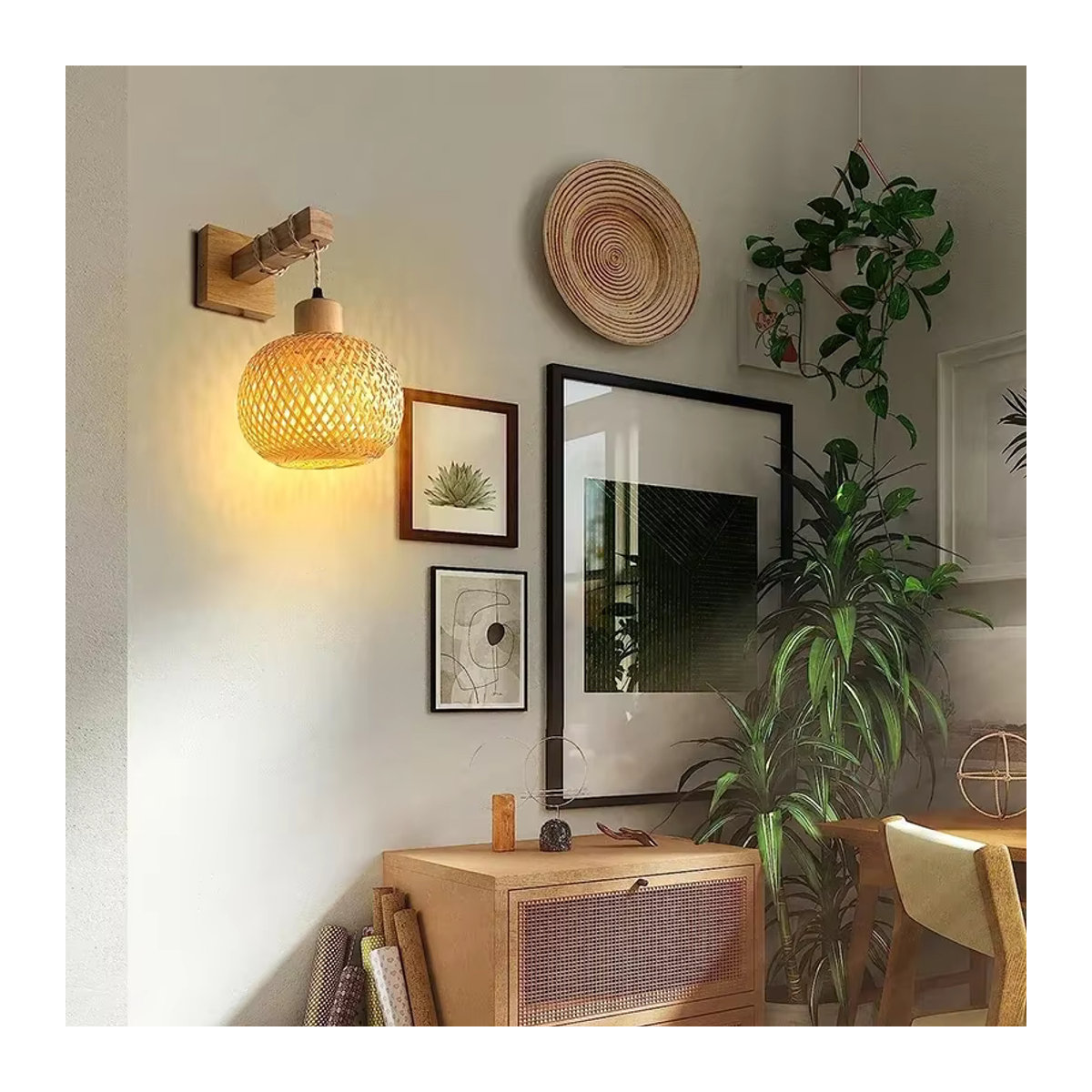 JOYINLED Wandleuchte aus Bambus und Rattan in Braun im Bohemian Stil mit E27 Fassung - Bild 2