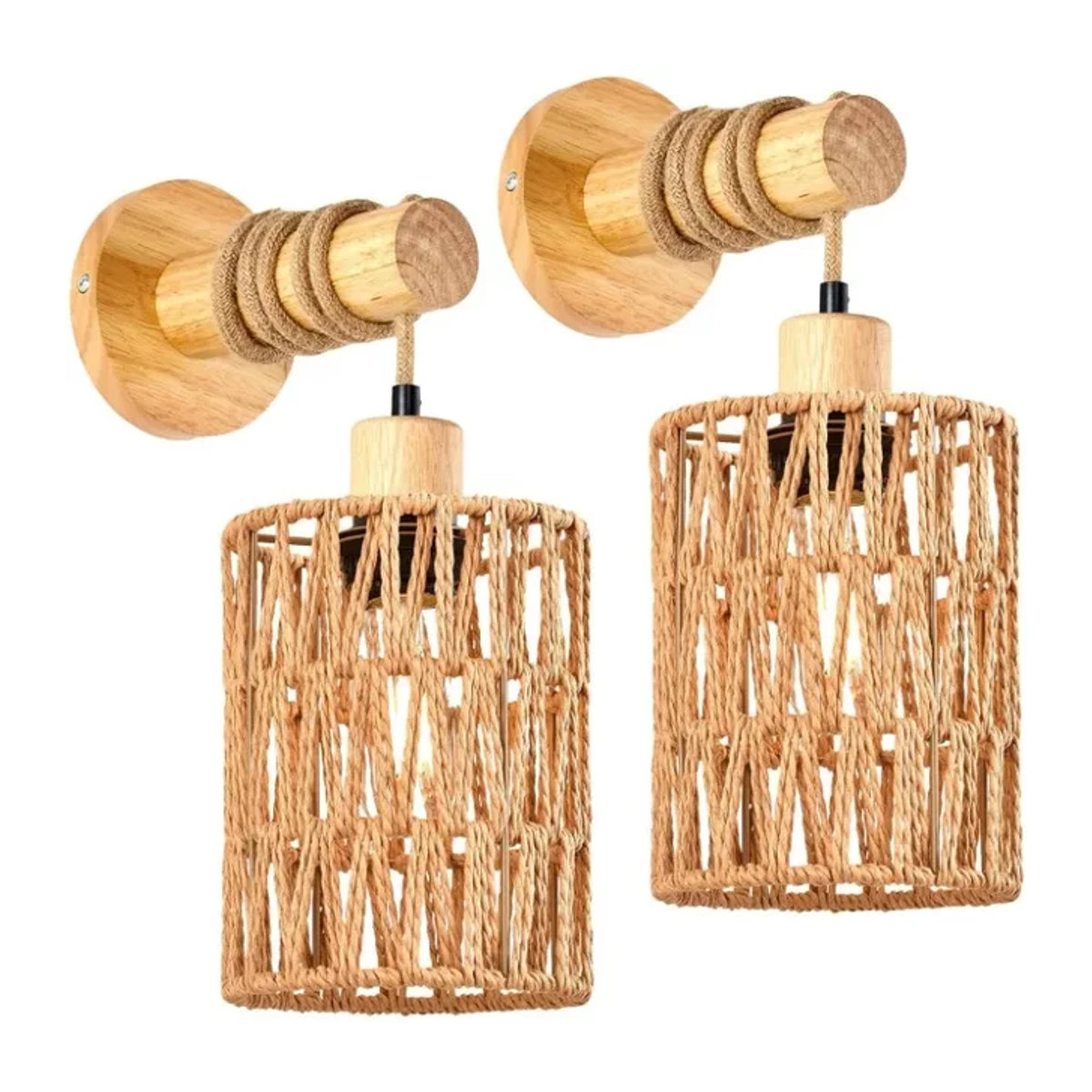 JOYINLED Wandleuchte im Hanfseil-Design mit zylindrischem Lampenschirm aus Holz in Natur für Schlafzimmer und Landhausstil - Bild 1
