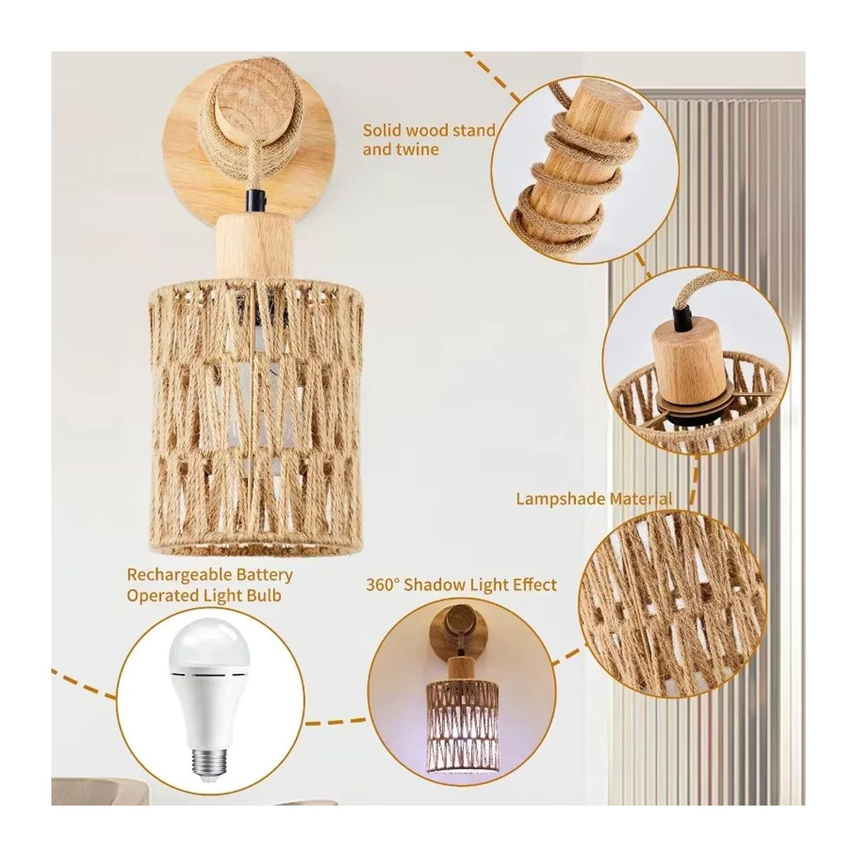 JOYINLED Wandleuchte im Hanfseil-Design mit zylindrischem Lampenschirm aus Holz in Natur für Schlafzimmer und Landhausstil - Bild 2